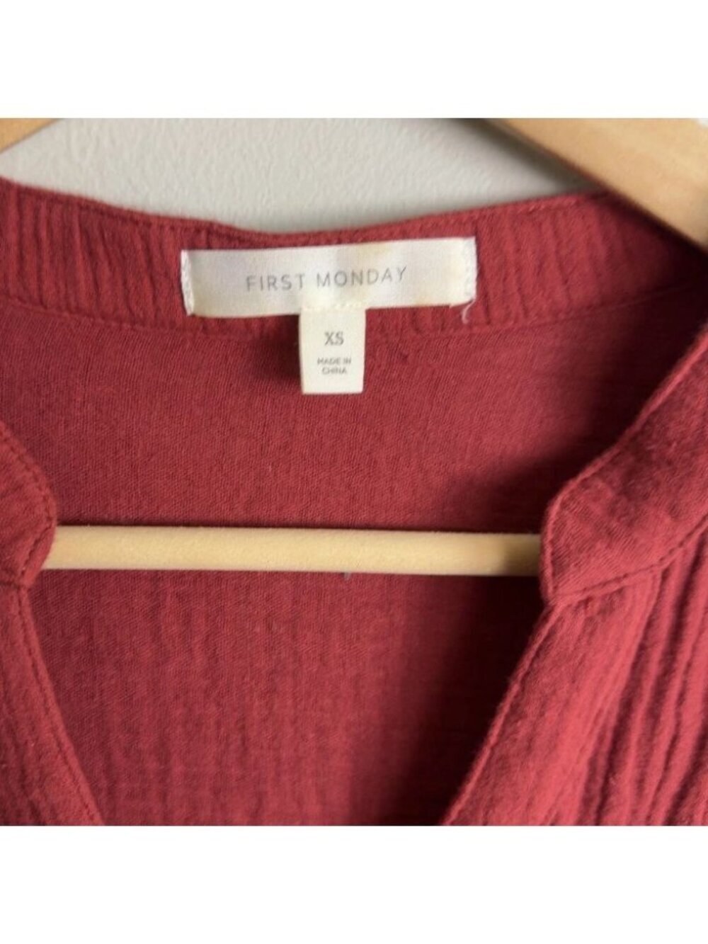 First Monday Red Button-Down Tunic Dress Long Sleeve Ruffled Hem Textured Gauze - Picture 3 of 5